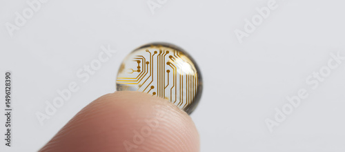 A fingertip holds a contact lens with embedded circuitry, suggesting advanced technology. Concept: innovation, technology, smart devices, microelectronics photo