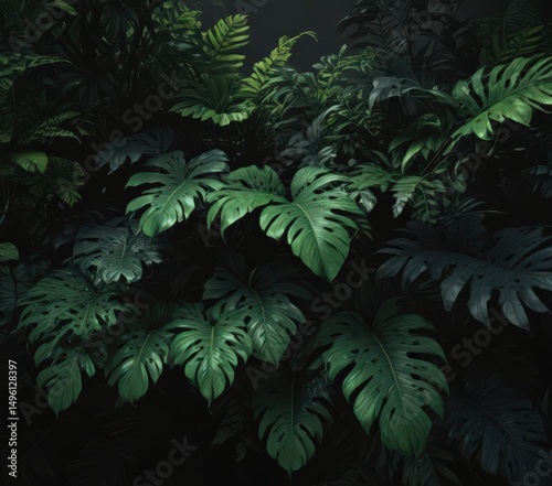 Deep green tropical foliage intertwined, casting dramatic shadows on black ,  intricate,  foliage,  rainforest