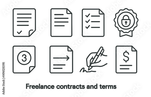 Line style icons of freelance contracts and terms: contract document icon, scope of work file, deliverables checklist, non-disclosure agreement badge, revision limit note, timeline agreement, client