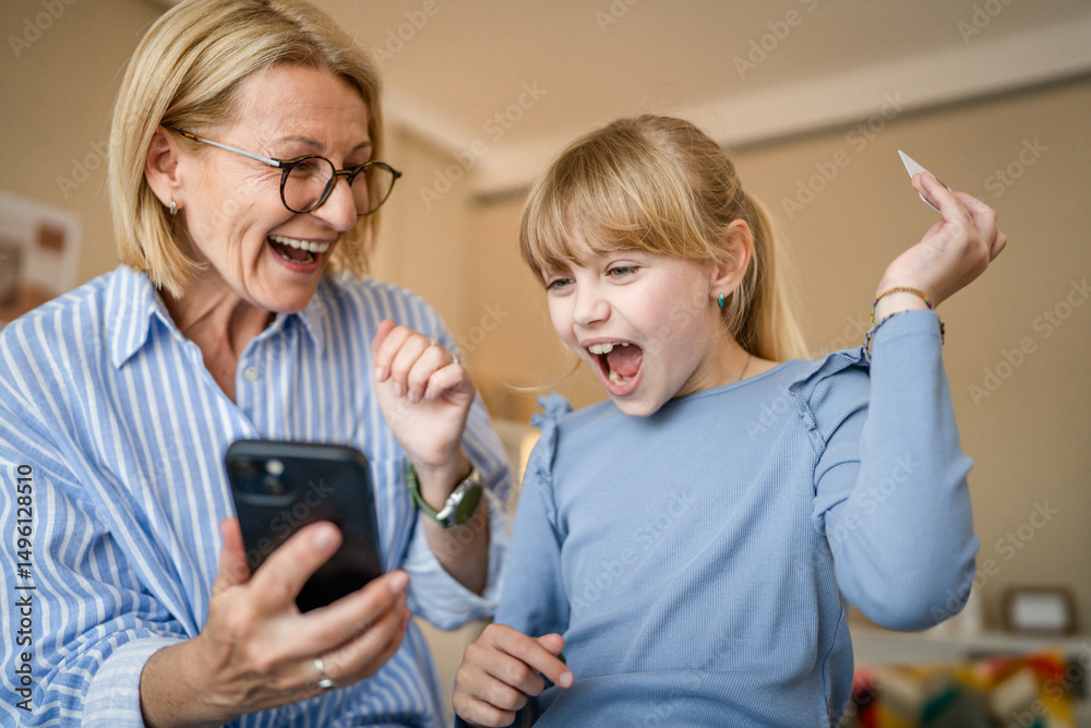 Fototapeta premium grandma and granddaughter have online shopping in the living room