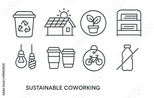 Line style icons of sustainable coworking: recycling station icon, solar panel on roof, green office plant badge, eco paper shelf, energy-saving lights, reusable cups icon, bike parking tag, no