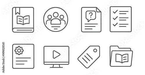 Line style icons of remote documentation: digital handbook file, team wiki badge, internal FAQ icon, process checklist, SOP doc icon, async training screen, policy file tag, guidebook folder.