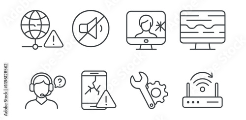 Line style icons of remote tech issues: connection lost warning, audio not working badge, camera frozen symbol, glitch on screen icon, tech support request, app crash alert, fix settings icon, Wi-Fi