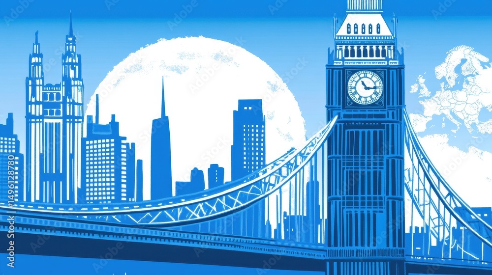Fototapeta premium Silhouette cityscape illustration featuring a bridge and moon.