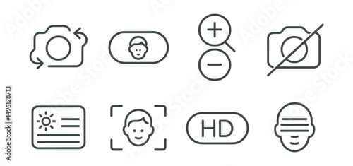 Line style icons of camera options: flip camera icon, focus face toggle, zoom in/out badge, camera off by default, background light adjustment icon, auto framing symbol, HD toggle, facial blur icon.