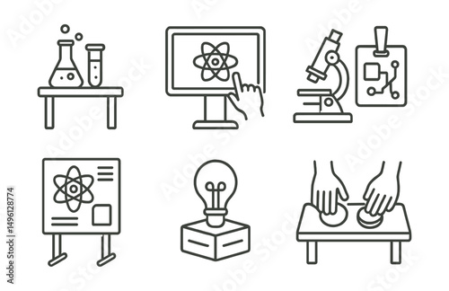 Line style icons of science exhibition: experiment demo table, interactive screen, microscope setup, tech display badge, scientific poster board, innovation model icon, exhibit explainer tag,