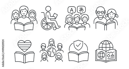 Line style icons of inclusive book clubs: diverse readers badge, disability-friendly club icon, multilingual story group, intergenerational tag, LGBTQ+ book night, global readers circle, safe space