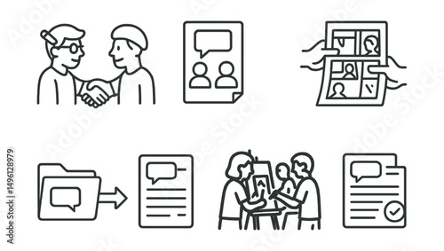 Line style icons of collaborative comic work: writer and artist handshake, co-creator document, shared storyboard, group critique session, script exchange file, letterer task sheet, joint art jam,
