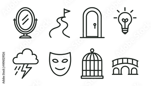 Line style icons of literary symbolism: mirror for self-image, journey path for hero’s quest, locked door mystery, light bulb as knowledge, storm as conflict, mask for identity, cage as limitation,