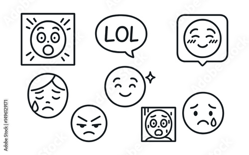 Line style icons of emotions in comics: shocked face panel, laugh out loud bubble, tears and close-up icon, blushing cheeks tag, angry eyebrow badge, scared reaction panel, smile sparkles icon, sad