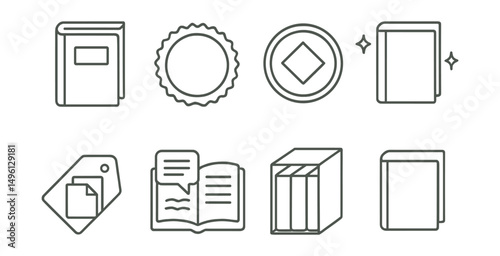Line style icons of book formats and editions: hardcover book icon, paperback badge, limited edition stamp, special collection icon, bilingual edition tag, annotated copy symbol, book box set, dust