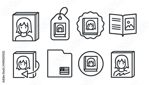 Line style icons of manga book editions: tankobon volume, box set tag, collector’s cover badge, special art insert, reprint icon, bilingual edition file, bonus chapter sticker, signed copy symbol.