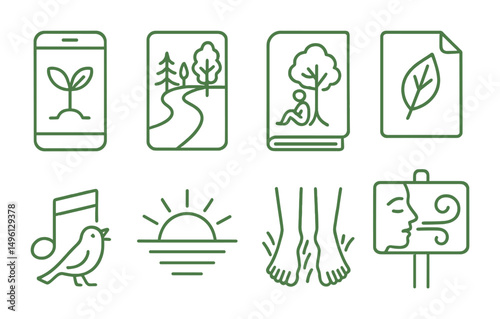 Line style icons of nature reconnection: daily 5-min green time icon, campus nature walk card, sit-under-tree habit tag, leaf drawing page, sound of birds tracker, sunrise walk badge, barefoot in
