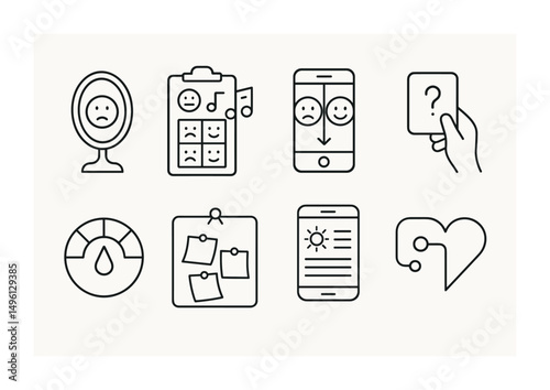 Line style icons of self-awareness before tech: “how do I feel?” mirror, mood + media match tracker, before–after scroll log, “does this help me?” card, emotion meter bubble, break-to-think board,