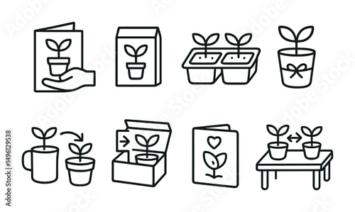 Line style icons of plant gifting and sharing: give-a-plant card, seed packet with name, shared starter tray, mini gift herb pot, class-to-class sprout kit, “grow this too” message box, thank-you