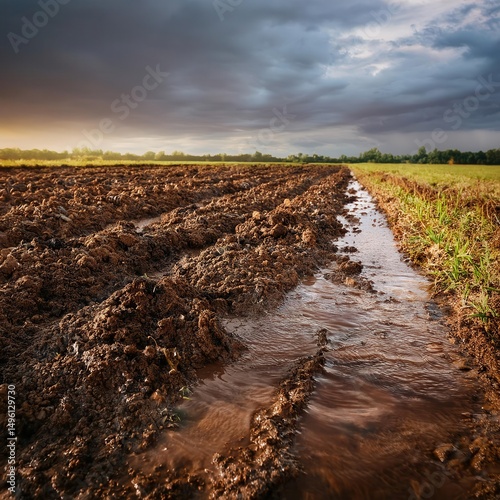 Sunlight breaks through clouds over freshly plowed field with winding water stream at dusk. Generative AI