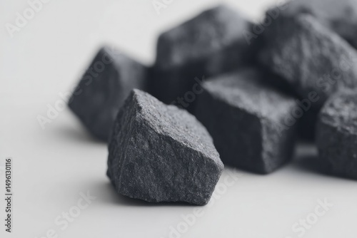 sparse assemblage of coal chunks scattered on plain monochrome backdrop evoking industrial themes dusty black mineral