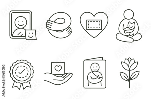 Line style icons of self-compassion visuals: mirror with smile tag, soft arms wrap symbol, heart with message in center, pet + color + comfort icon, “I did my best” badge, kindness hand note, visual