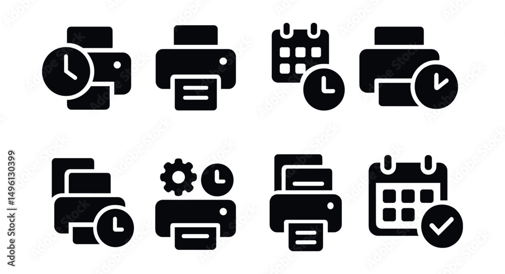Solid style icons of scheduled and delayed print: print timer icon, schedule job badge, print later symbol, delayed task icon, print queue clock, print on event trigger, batch print symbol, print Solid style icons of scheduled and delayed print: print timer icon, schedule job badge, print later symbol, delayed task icon, print queue clock, print on event trigger, batch print symbol, print