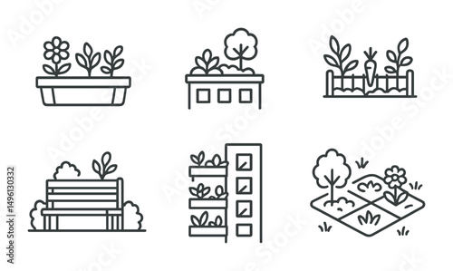 Line style icons of urban garden types: container balcony planter, rooftop green space, courtyard veggie patch, sidewalk herb box, pocket park bench with plants, vertical city wall garden, tree ring