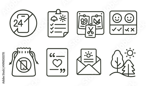 Line style icons of screen-free weekend planning: 24h unplug symbol, plan-your-day printout, DIY fun ideas board, shared screen break chart, tech-free kit bag, “log off to connect” poster, offline