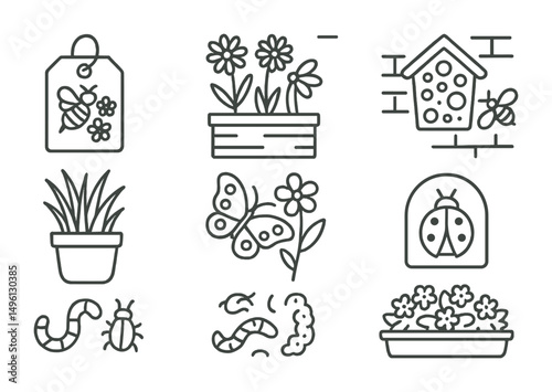 Line style icons of biodiversity in the city: pollinator patch tag, wildflower box icon, bee house on wall, native grass pot, butterfly host plant, “insects welcome” label, compost creatures sketch,
