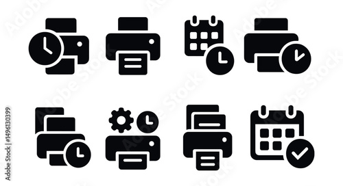 Solid style icons of scheduled and delayed print: print timer icon, schedule job badge, print later symbol, delayed task icon, print queue clock, print on event trigger, batch print symbol, print