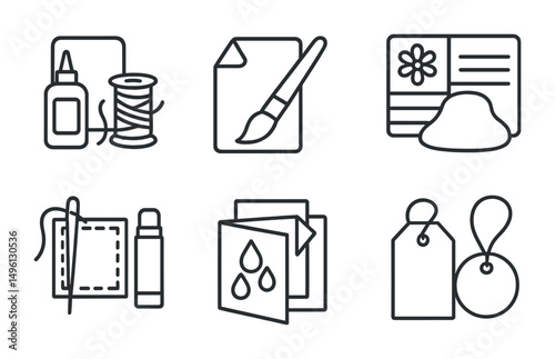 Line style icons of multi-skill projects: glue + thread combo card, fold + paint symbol, clay and press mold, decorate and layer chart, sew and paste board, print + fold piece, “mix materials” plan,
