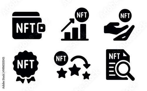 Solid style icons of NFT as currency asset: NFT wallet, NFT floor price, buy/sell NFT icon, digital collectible, NFT trade badge, resale value, rarity tier, metadata viewer.