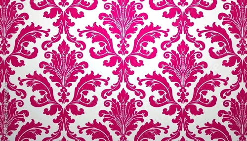 Fuchsia floral damask, elegant swirls, repeating motif, graphic, illustration, design