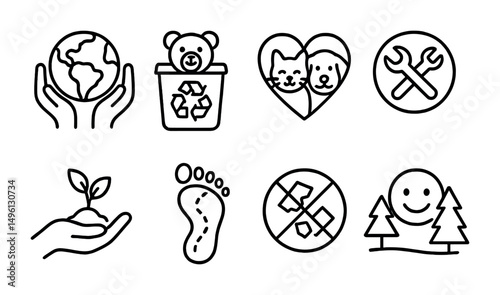 Line style icons of eco values for kids: earth care icon, recycle toy bin, animal kindness heart, shared tools circle, plant-and-grow hand, mindful footprint path, zero-litter symbol, clean nature