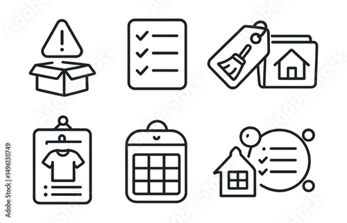 Line style icons of cleaning and chores reminders: clean-up alert icon, task list badge, chore reminder tag, housework schedule file, laundry alert board, weekly chore chart, home cleaning bubble,