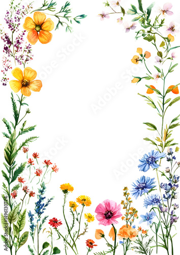 Pretty and colorful floral frame. Watercolor hand-painted wildflowers, plants, herbs, leaf on white background. Botanical rectangle border. PNG clipart.