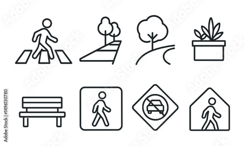 Line style icons of walkable neighborhoods: crossing icon, wide sidewalk path, shaded foot lane, street planter icon, seating pause bench, pedestrian zone sign, car-free block badge, quiet street