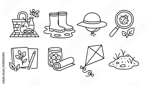 Line style icons of family time outdoors: picnic with beesafe food, creek exploration boots, sun-safe hat, insect spotting, nature sketch set, snack jar + mat, wind kite icon, dirt play patch.