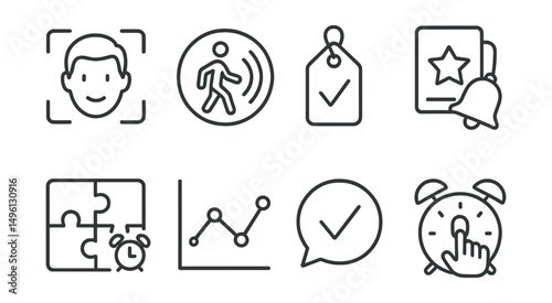 Line style icons of innovative alarm features: facial recognition icon, motion-sensing badge, wake-up challenge tag, reward after snooze file, puzzle alarm board, active session chart, challenge