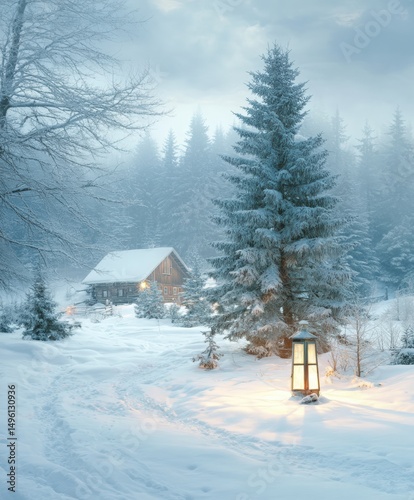 Snow-covered cabin with glowing light post in a winter landscape during daytime.