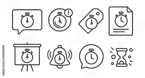 Line style icons of reminder timers: notification timer icon, alert reminder badge, task deadline tag, event prompt file, daily reminder board, alert ping chart, notification bubble, timely nudge