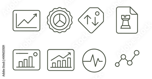 Line style icons of business analytics in dashboards: growth chart icon, market share badge, competitor comparison tag, strategic insights file, product performance board, sales metrics chart,