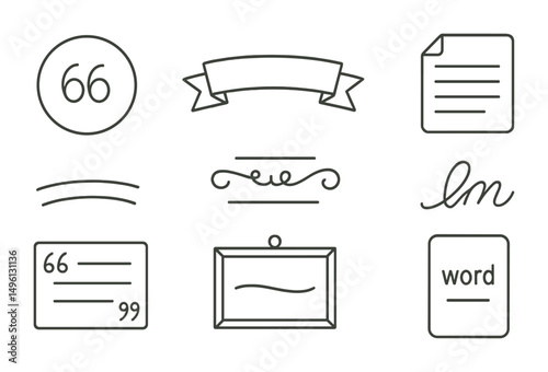 Line style icons of quotes and lettering inspiration: quote in circle frame, daily word banner, short phrase with flourish, affirmations page, hand-drawn quote layout, framed inspiration line, script