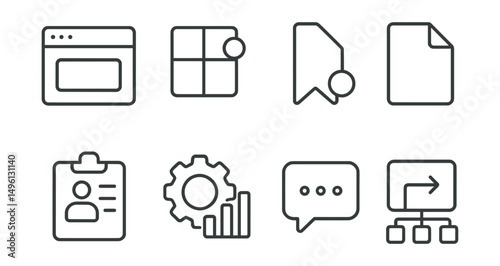 Line style icons of user interface in dashboards: interface view icon, dashboard menu badge, sidebar toggle tag, main screen file, user preferences board, settings chart, screen options bubble, UI