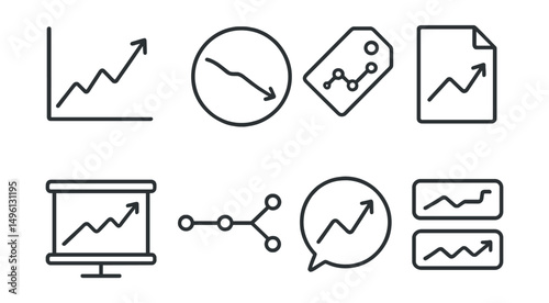 Line style icons of line graphs: upward trend icon, downward slope badge, data points tag, connecting line file, graph axis board, data flow chart, rising line bubble, visual comparison symbol.