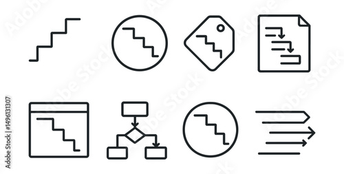 Line style icons of waterfall diagrams: cascading steps icon, incremental data badge, drop-off points tag, step-by-step analysis file, process change board, flow chart, waterfall comparison bubble,
