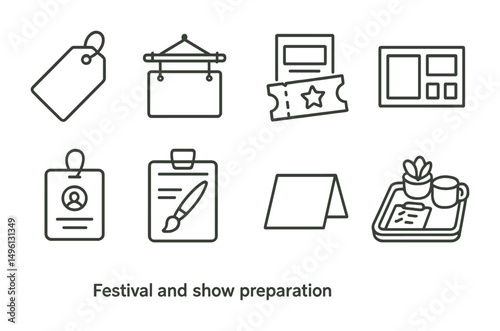 Line style icons of festival and show preparation: art fair tag template, workshop signboard sketch, ticket and flyer icon, exhibit layout plan, workshop name card, staff badge with brush, table