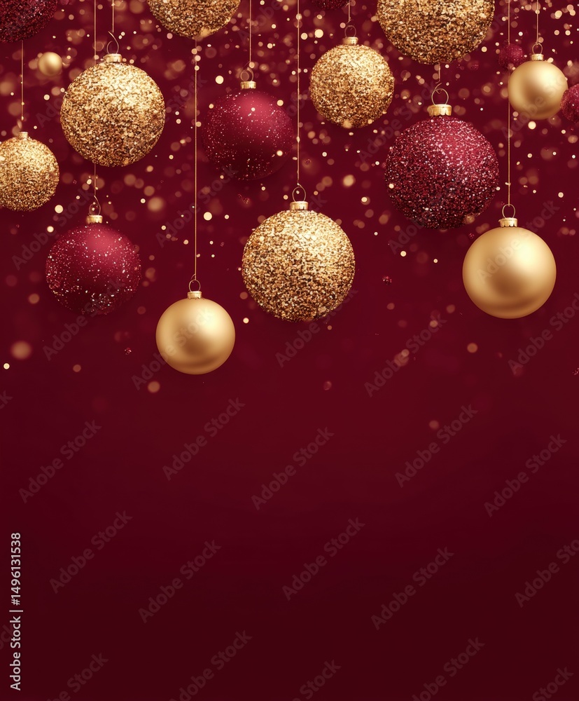 Fototapeta premium Close-up of red and gold Christmas background decorated with shiny gold baubles and festive textures.