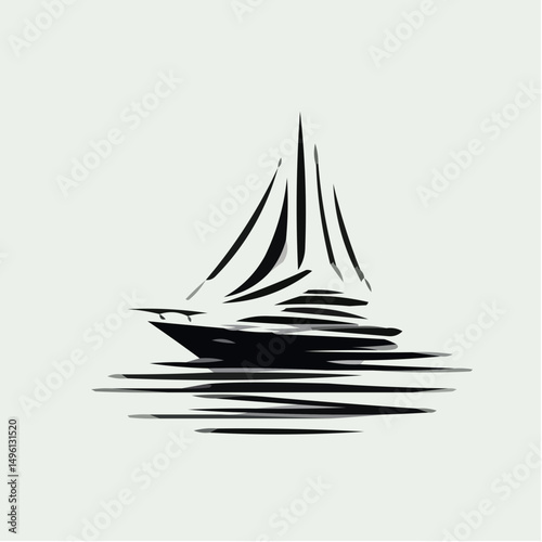 Sailing boat silhouette reflecting on water in minimal style  