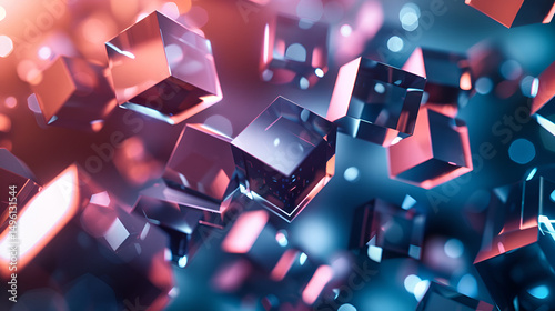 Abstract floating cubes with red and blue lighting and a bokeh background in a digital rendering