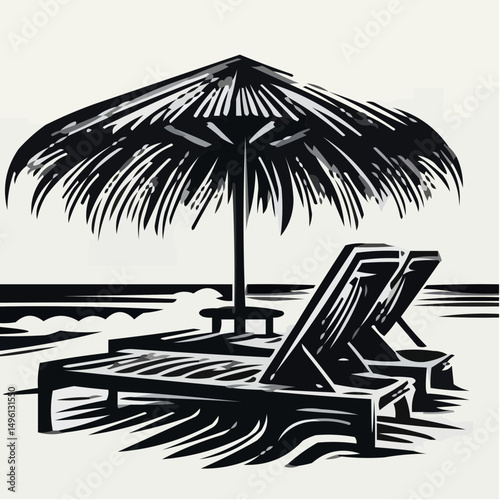 Beach lounge chairs under a straw umbrella beside the ocean  