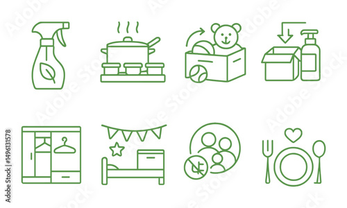 Line style icons of green family living: eco household cleaner, batch cooking symbol, toy rotation box, bulk refill box, shared closet icon, minimal kidsroom, family unplug hour, mindful mealtime.