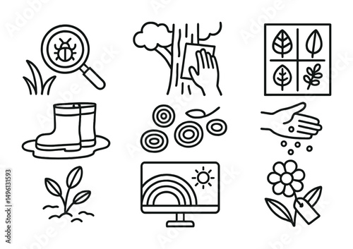 Line style icons of learning through nature: backyard bug search, tree bark rubbing, leaf ID game, puddle play boots, stone pattern walk, seed scatter task, rainbow weather board, flower tag walk.